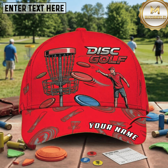 (7 Colors) Maxcorners Disc Golf Player Throwing Disc & Chain Basket Personalized Name 3D Cap LM3009