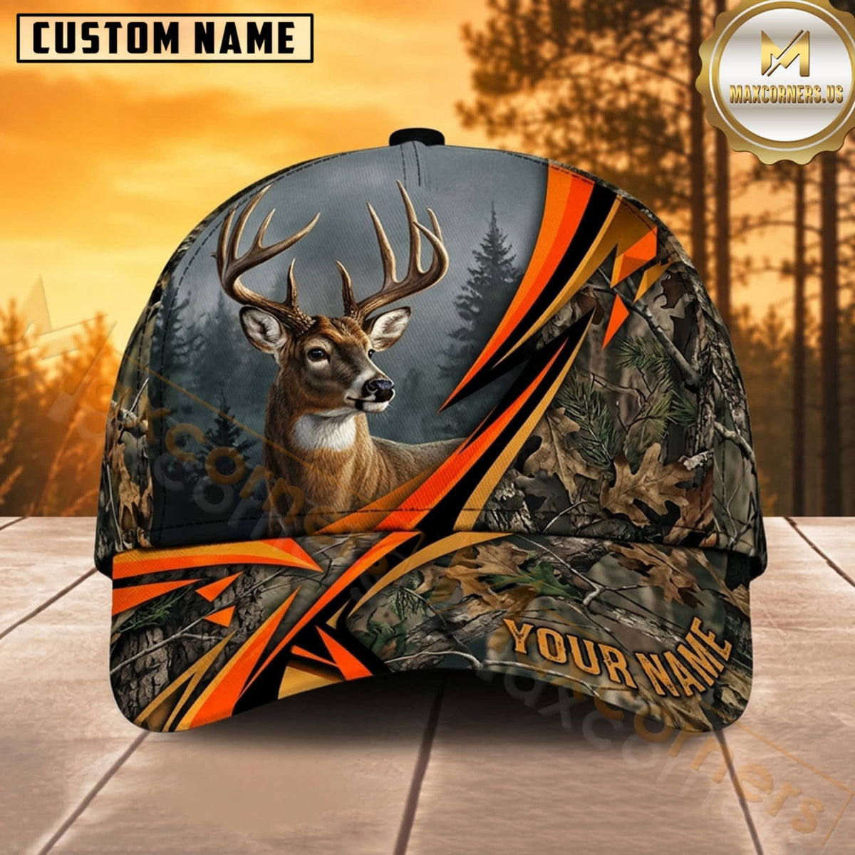 Maxcorners Deer Hunting Whitetail Buck Diagonal Blaze Orange Forest Camo Customized Name 3D Cap