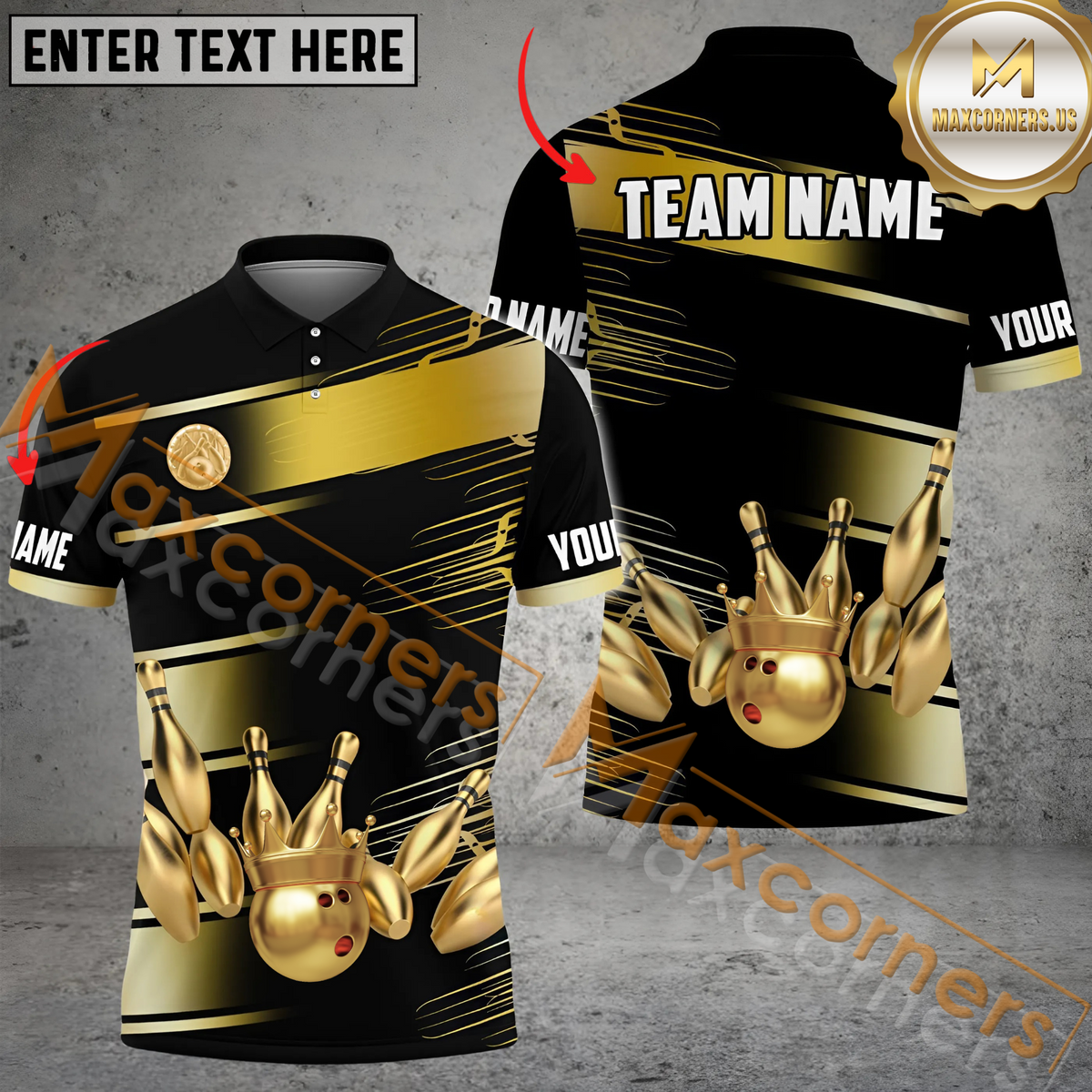 Maxcorners Golden Time Premium Bowling Jersey Multicolor Option Customized Name, Team Name 3D Polo Shirt