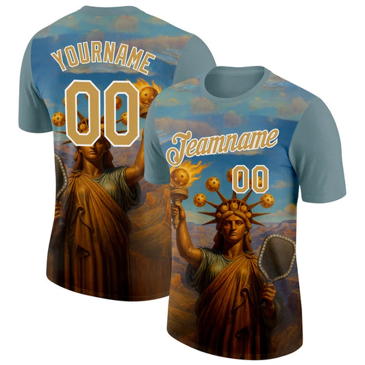Maxcorners Statue Of Liberty Pickleball Paddle Fiery Torch Vintage Art Personalized Name 3D Unisex Shirt