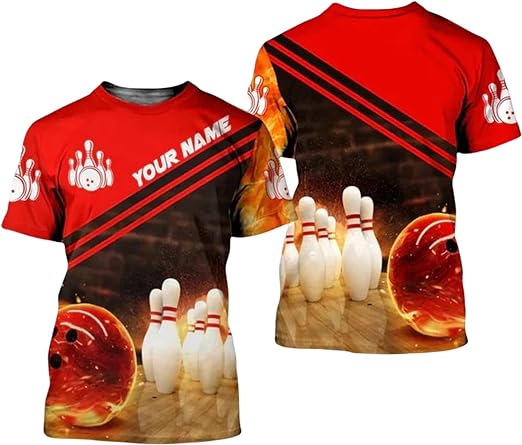 Maxcorners Bowling Fire Red Black 3D Custom Name Shirt