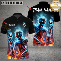 Maxcorners Billiard Pool 8 Ball Flaming Skeleton Personalized Name Men And Women 3D Polo Shirt Custom Billiard Team Jersey (4 Colors)