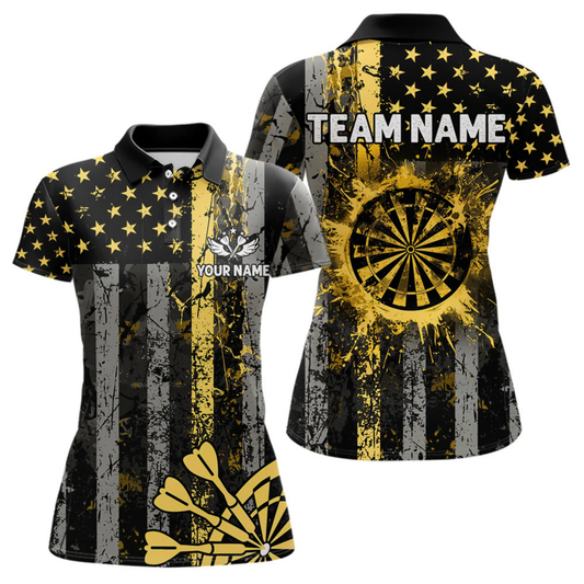 Maxcorners Custom Gold Grunge US Flag Patriotic Darts Shirt For Men, Retro Darts Board Darts Team Jerseys  LM0705