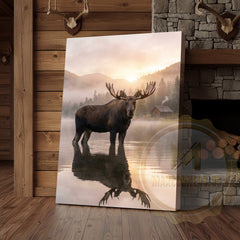 Maxcorners Moose Canvas Misty Lake Reflection Sunrise Canvas Wall Art