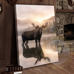 Maxcorners Moose Canvas Misty Lake Reflection Sunrise Canvas Wall Art
