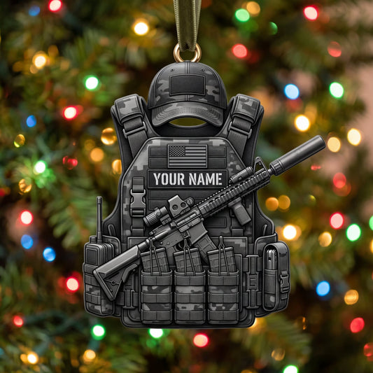 Maxcorners Military Black Helmet Tactical Vest And Rifle Personalized Name 3D Keychain And Ornament
