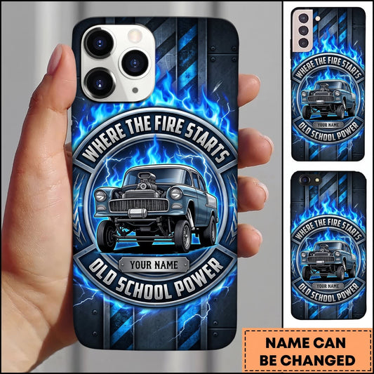 Maxcorners Classic Muscle Car Blue Vintage Car with Electric Lightning and Garage Badge Personalized Name 3D Phone Case