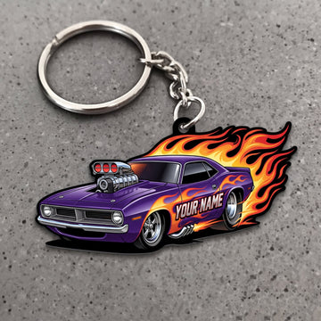 Maxcorners Classic Muscle Car Purple Racing Coupe with Orange Fire and Flame Graphics Personalized Name 3D Keychain And Ornament