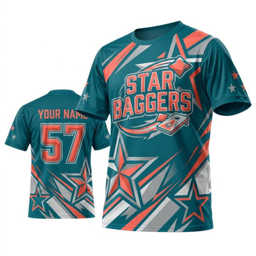 Maxcorners Cornhole Star Baggers Teal Orange Personalized Name 3D Unisex Shirt