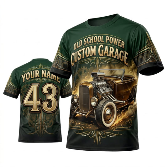 Maxcorners Personalized Car Classic Muscle Car 3D T-Shirt – Iron Spirit Forest Green Vintage Garage Rod