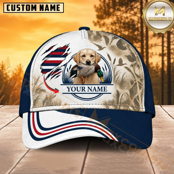 Maxcorners Dog Hunting And Duck Navy Blue White Camo American Flag Wave Personalized Name 3D Cap