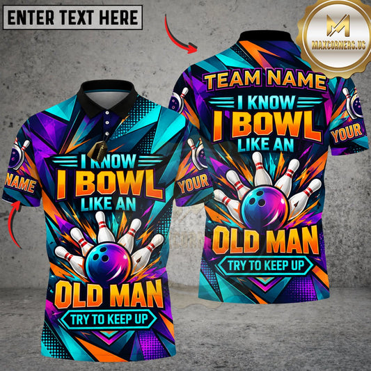 Maxcorners Bowling I Know I Bowl Like An Old Man Blue Orange Geometric Personalized Name 3D Unisex Shirt
