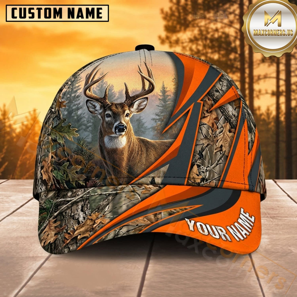 Maxcorners Deer Hunting Whitetail Buck Blaze Orange Lightning Stripe Woodland Camo Customized Name 3D Cap