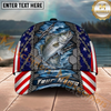 Maxcorners Fishing American Flag Metal Chain Personalized Name 3D Cap (12 Fish Species)