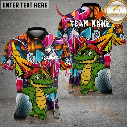 Maxcorners Graffiti Alligator Golf Polo Personalized Name, Team Name 3D Shirt (4 Colors)