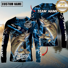 Maxcorners Walleyes Fishing Blue Smoke Sun Protection Personalized Name, Team Name 3D Long Sleeve Shirt