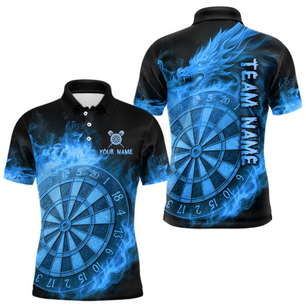 Maxcorners Personalized Blue Dartboard Dragon Flame Darts Shirt For Men Custom Dart Jerseys Polo & 1/4 Zip LM2404