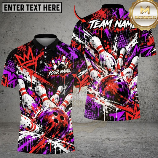 Maxcorners Bowling Graffiti Crown Paint Splatter Abstract Pins Strike Artwork Multicolor Customized Name, Team Name 3D Shirts