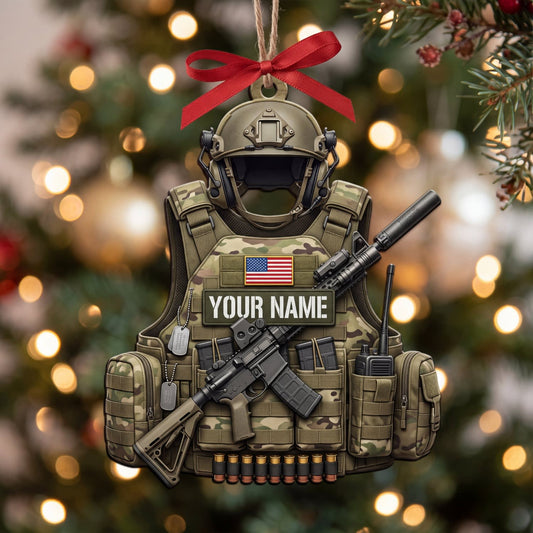 Maxcorners Military Desert Tactical Helmet Vest And Rifle Personalized Name 3D Keychain And Ornament