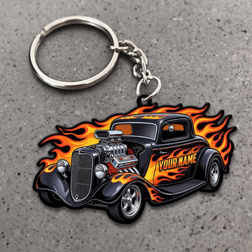 Maxcorners Hot Rod Black Classic Roadster with Explosive Orange Flames Personalized Name 3D Keychain And Ornament