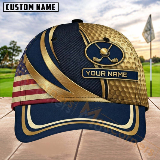 Maxcorners Golf Patriotic Gold Emblem Personalized Name 3D Cap (7 Colors)