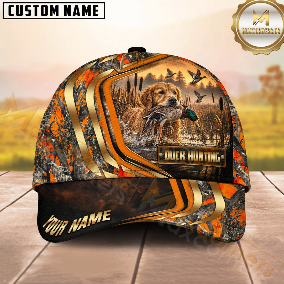 Maxcorners Dog Hunting And Duck Orange Camo Curved Stripe Marsh Scene Multiple Options Personalized Name 3D Cap