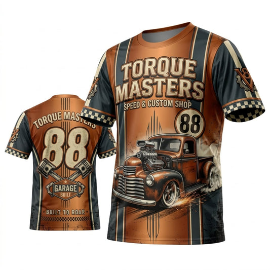 Maxcorners Personalized Car Classic Muscle Car 3D T-Shirt – Torque Masters Orange Grey Custom Street Rod