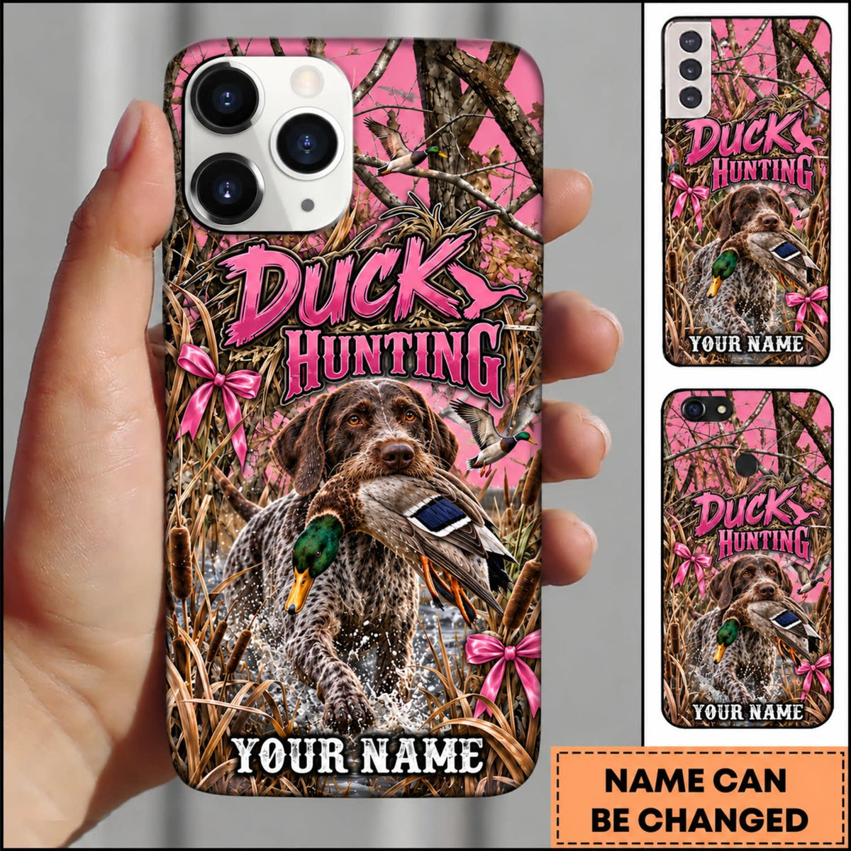Maxcorners Duck Hunting German Wirehaired Pointer Pink Duck Hunting Graphic Personalized Name 3D Phone Case - German Wirehaired Pointer