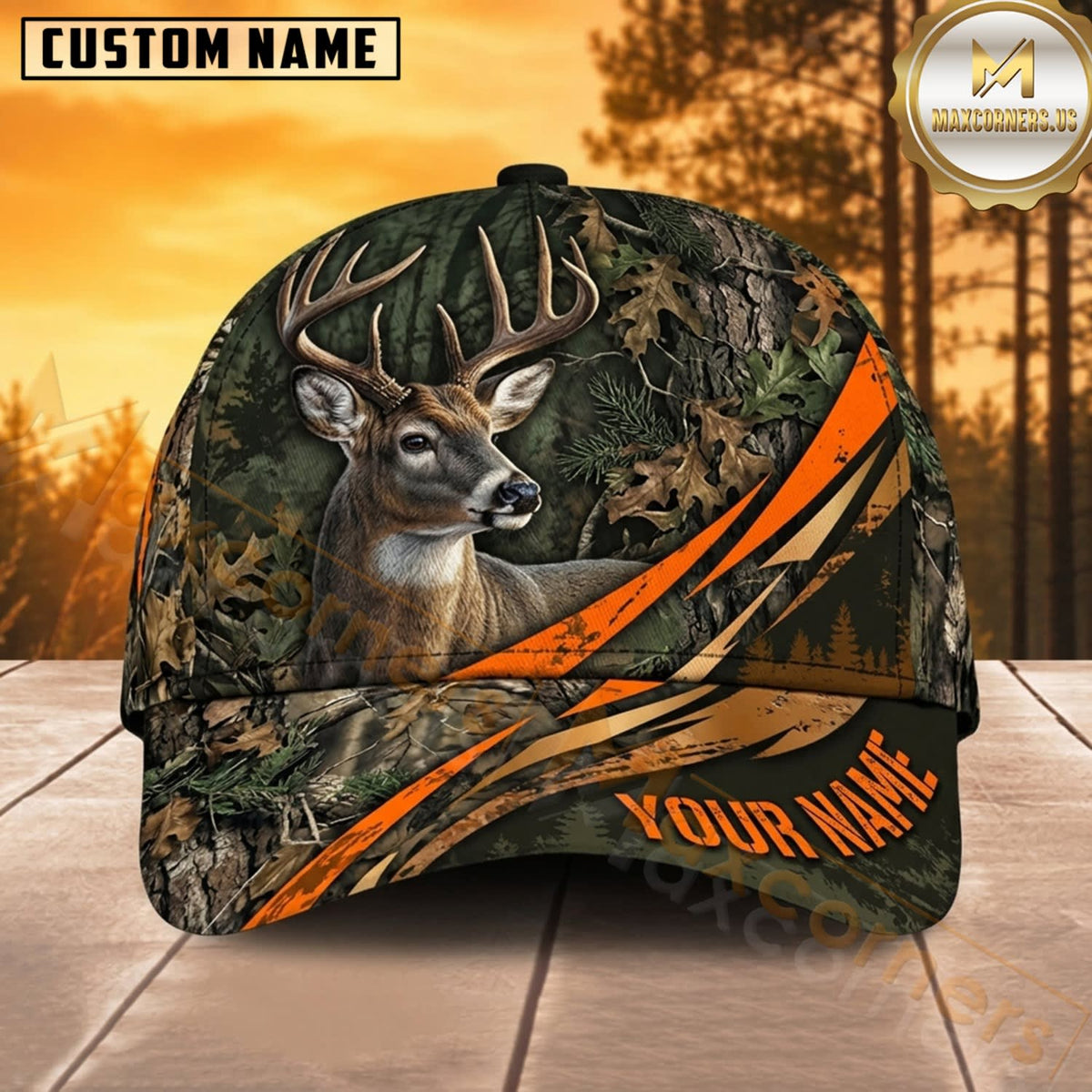 Maxcorners Deer Hunting Whitetail Buck Orange Slash Accents Deep Forest Camo Customized Name 3D Cap