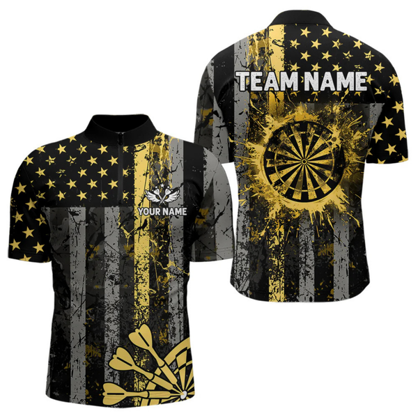 Maxcorners Custom Gold Grunge US Flag Patriotic Darts Shirt For Men, Retro Darts Board Darts Team Jerseys  LM0705