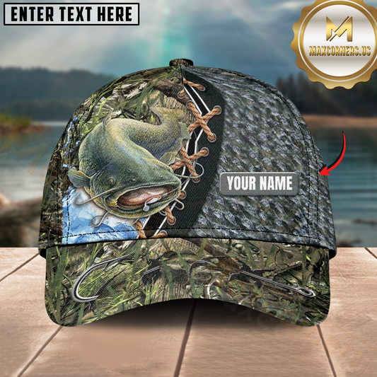 Maxcorners Catfish Fishing Camo Leather Lace Design Personalized Name 3D Cap
