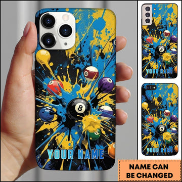 Maxcorners Billiards Blue Yellow Paint Splash 8 Ball Personalized Name Phone Case