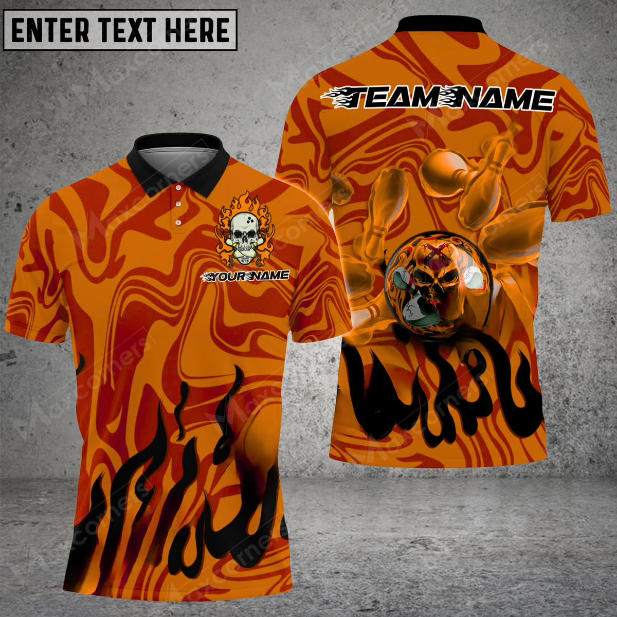 Maxcorners Burning Rage Skull Bowling Jersey Multicolor Option Customized Name, Team Name 3D Polo Shirt