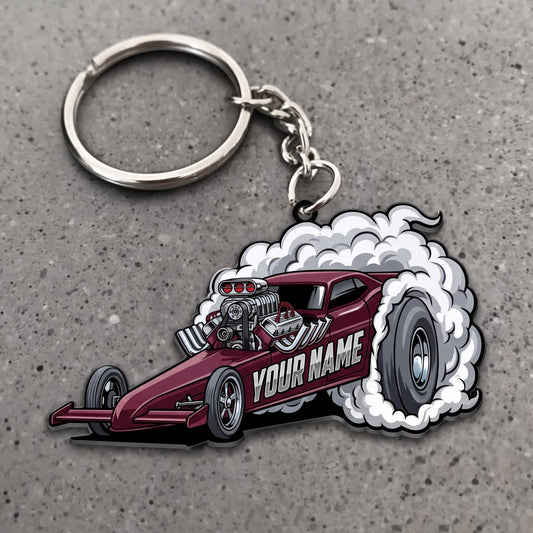 Maxcorners Classic Muscle Car Burgundy Vintage Dragster with White Tire Smoke Personalized Name 3D Keychain And Ornament