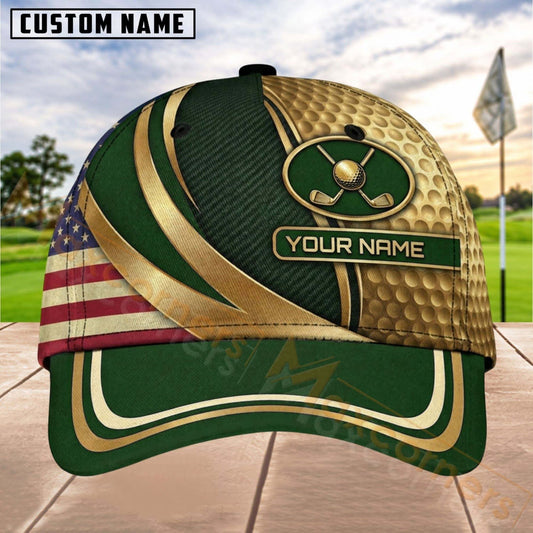 Maxcorners Golf Patriotic Gold Emblem Personalized Name 3D Cap (7 Colors)