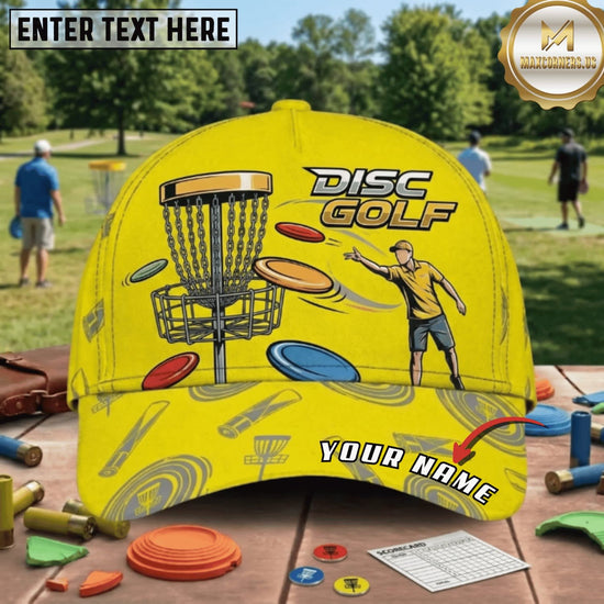 (7 Colors) Maxcorners Disc Golf Player Throwing Disc & Chain Basket Personalized Name 3D Cap LM3009