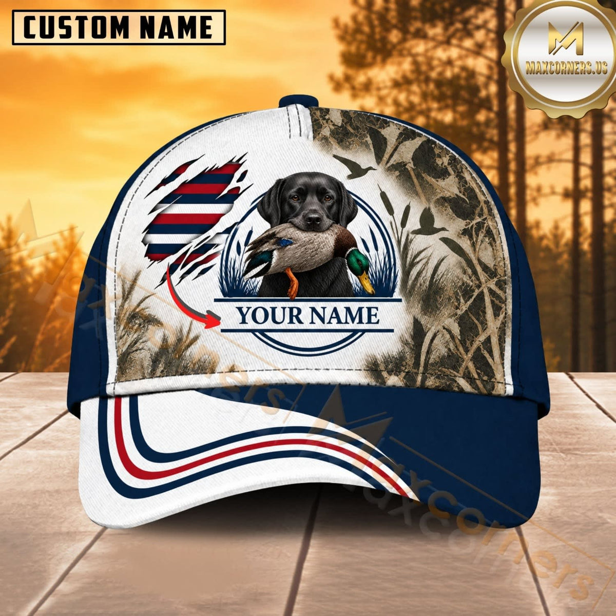 Maxcorners Dog Hunting And Duck Navy Blue White Camo American Flag Wave Personalized Name 3D Cap