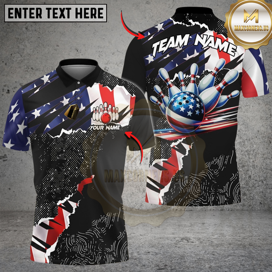 Maxcorners Bowling Ripped American Flag Personalized Name, Team Name 3D Shirt