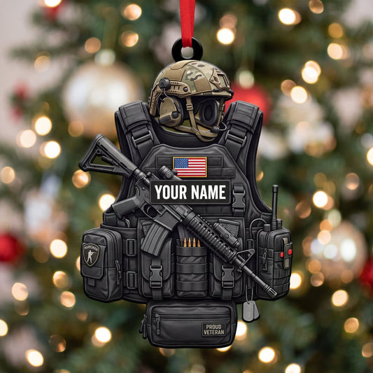 Maxcorners Veteran Black Tactical Helmet Vest And Rifle Personalized Name 3D Keychain And Ornament