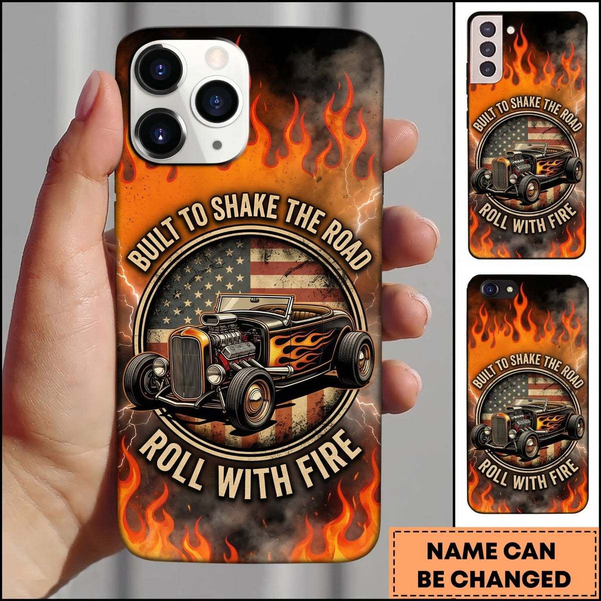 Maxcorners Hot Rod Black Classic Car with Skull Garage Emblem and Orange Fire Personalized Name 3D Phone Case