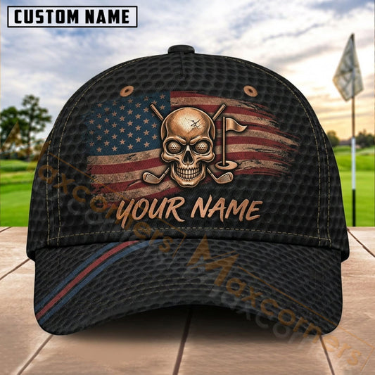 Maxcorners Golf USA Skull Flag Personalized Name 3D Cap