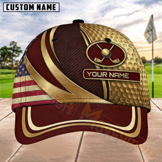 Maxcorners Golf Patriotic Gold Emblem Personalized Name 3D Cap (7 Colors)