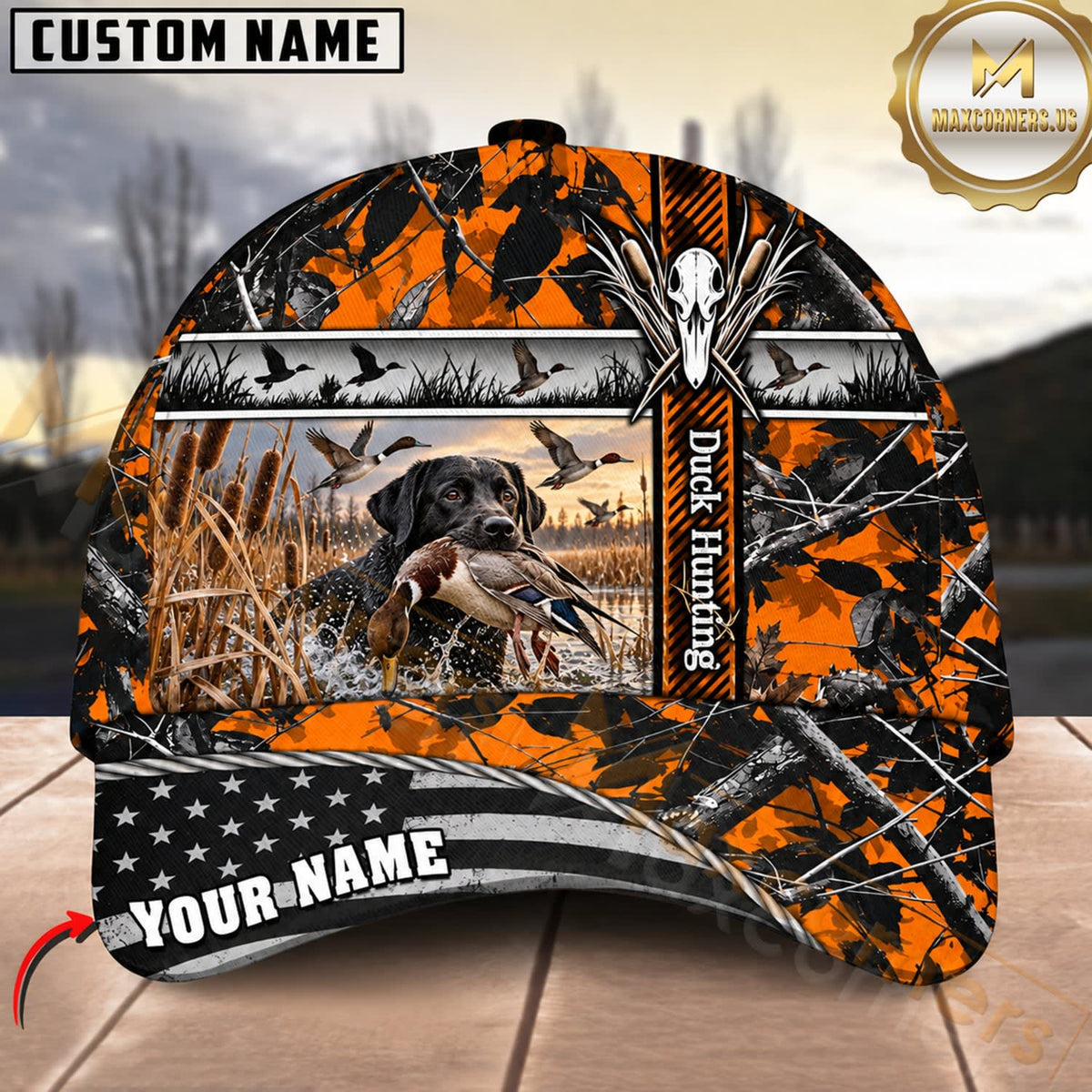 Maxcorners Dog Hunting And Duck Orange Black Geometric Camo Hunting Scene Multiple Options Personalized Name 3D Cap