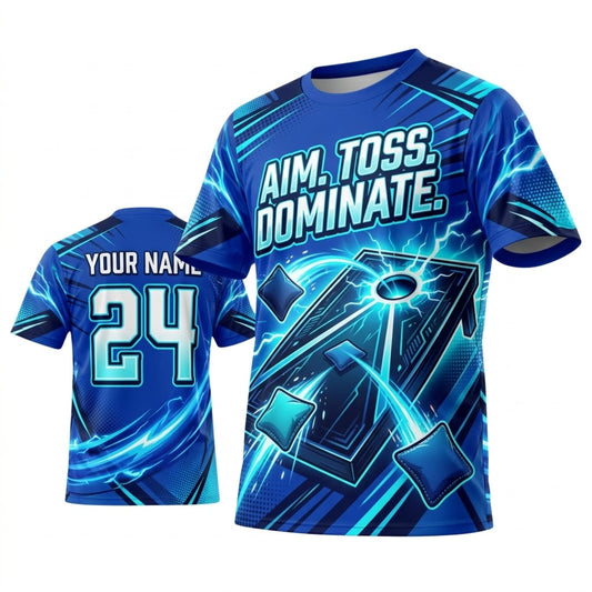 Maxcorners Cornhole Aim Toss Dominate Electric Blue Personalized Name 3D Unisex Shirt