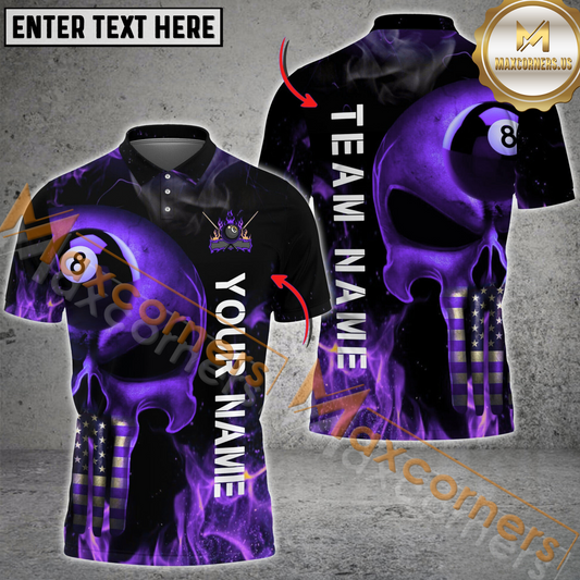 Maxcorners Billiard Skull Ball 8 American Flag Multicolor Options Personalized Name, Team Name 3D Polo Shirt (4 Colors)