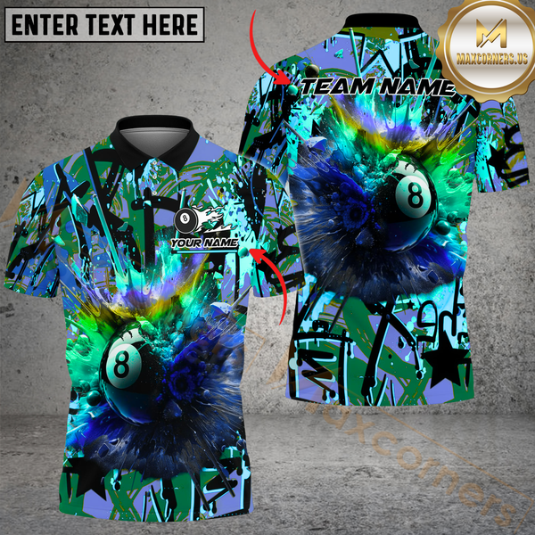 Maxcorners Billiard 8-Ball Pool Graffiti  Explosion Paint Multicolor Option Customized Name, Team Name 3D Polo Shirt