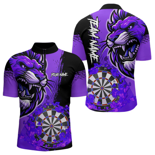Maxcorners Purple Funny Darts Flame Lion Custom Polo & Quarter-Zip, Personalized Men Dart Shirts Dart Jerseys LM0705
