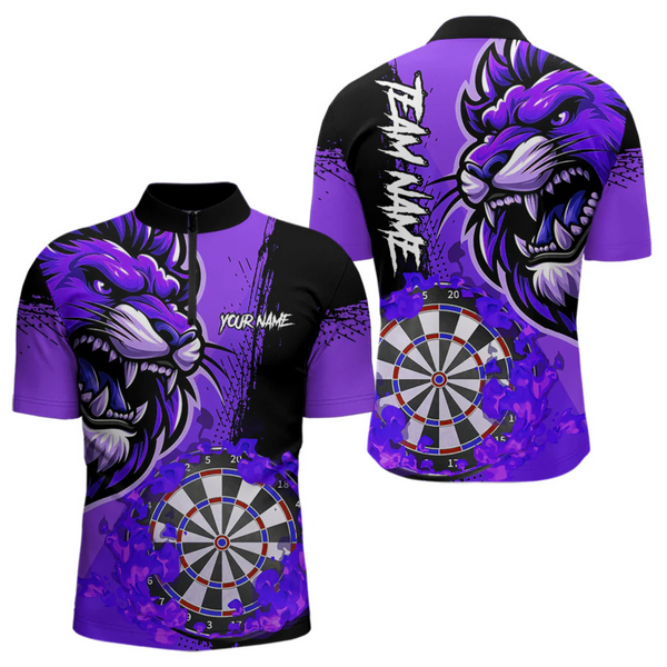 Maxcorners Purple Funny Darts Flame Lion Custom Polo & Quarter-Zip, Personalized Men Dart Shirts Dart Jerseys LM0705