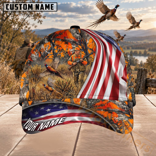 Maxcorners Upland Bird Hunting Blaze Orange American Flag Camo Personalized Name 3D Cap