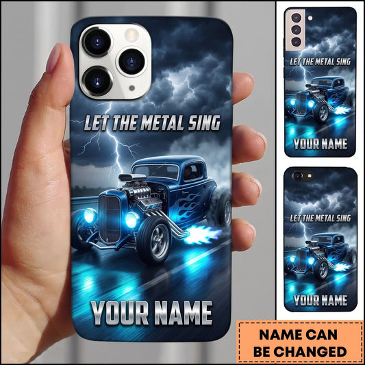 Maxcorners Hot Rod Blue Vintage Car with Electric Storm and Neon Lightning Personalized Name 3D Phone Case